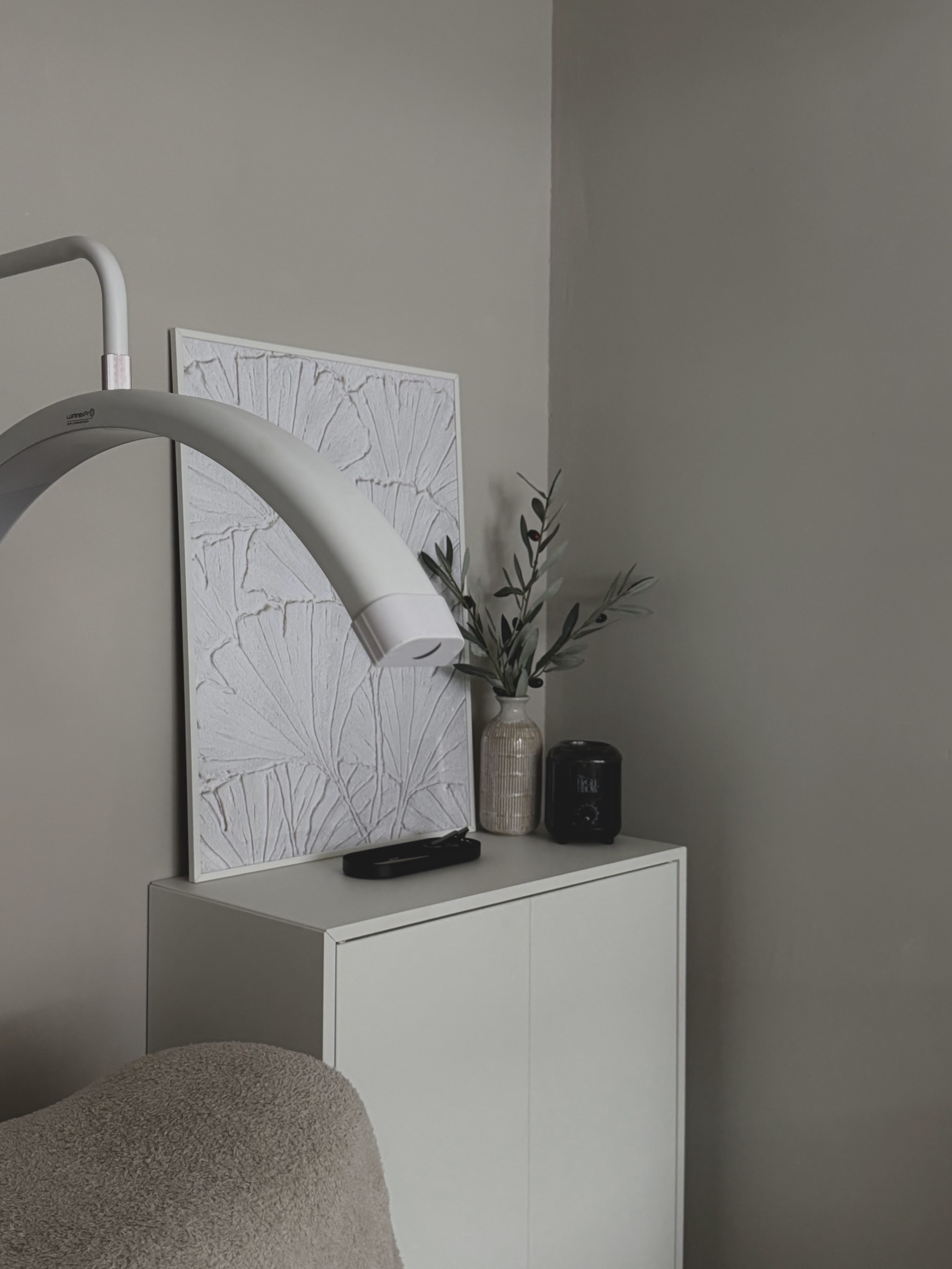 De salon: een boogvormige lamp, een witte kast met een plantje en een ingelijst wit reliëf